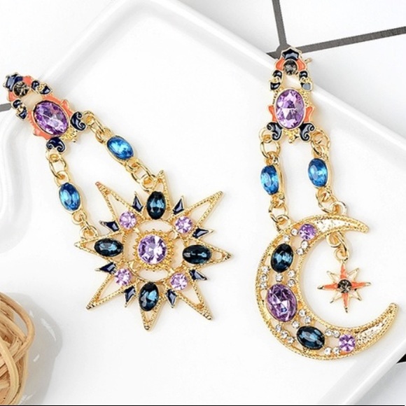 Boho Crystal Sun & Moon Drop Earrings - Picture 1 of 6